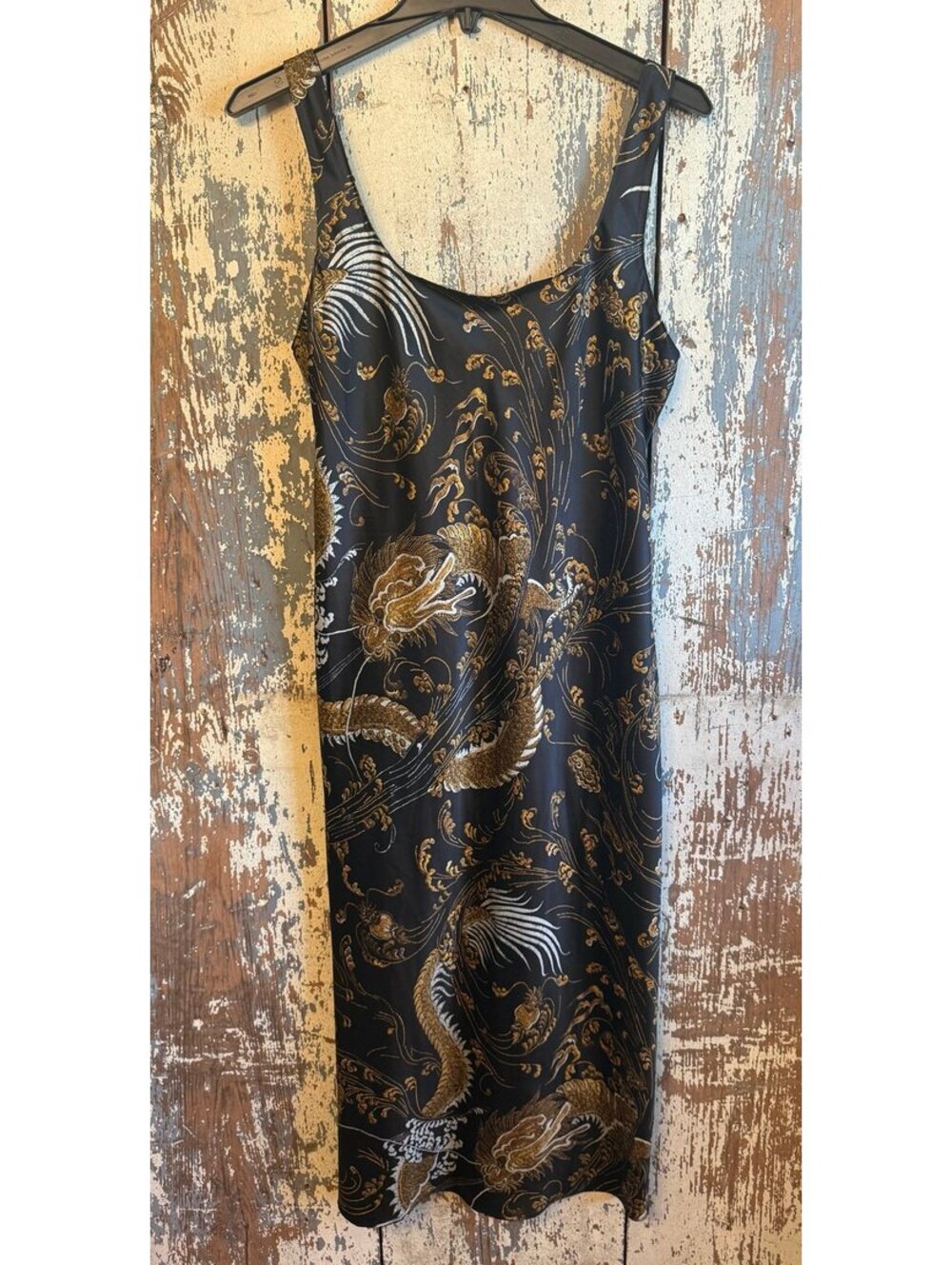 Natori Midi Slip Dress Black Gold White Chinese floral motif, size small